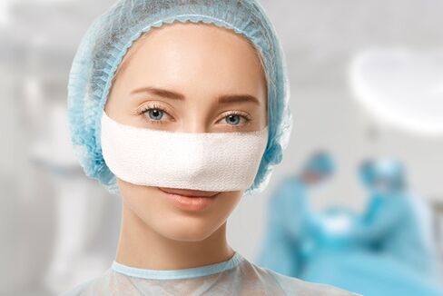 Bandage fixed on the nose during rehabilitation after rhinoplasty